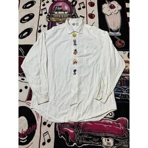Vintage 90s Looney Tunes Button Up Shirt Embroidered L White Bugs Daffy Tweety